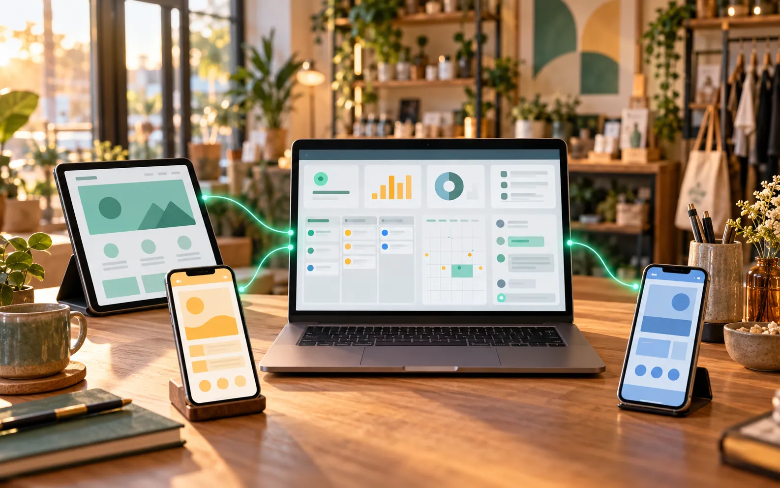 A laptop dashboard with a tablet and two phones showing different business websites, connected to it by glowing lines