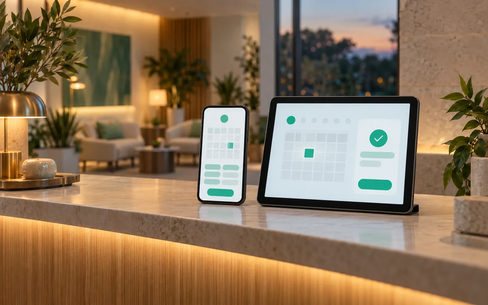 A phone and a tablet showing an appointment booking app on a softly lit clinic reception counter