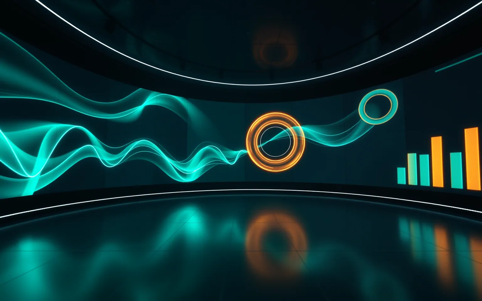 A curved analytics video wall of teal waves, amber rings and bar charts in a dark control room