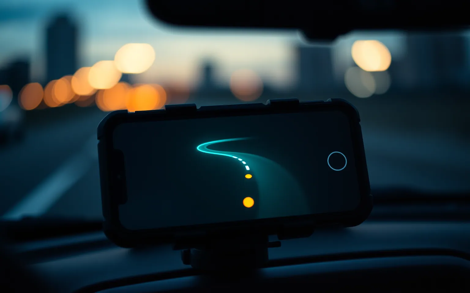 A dashboard-mounted phone showing a glowing route line at dusk, with city lights beyond