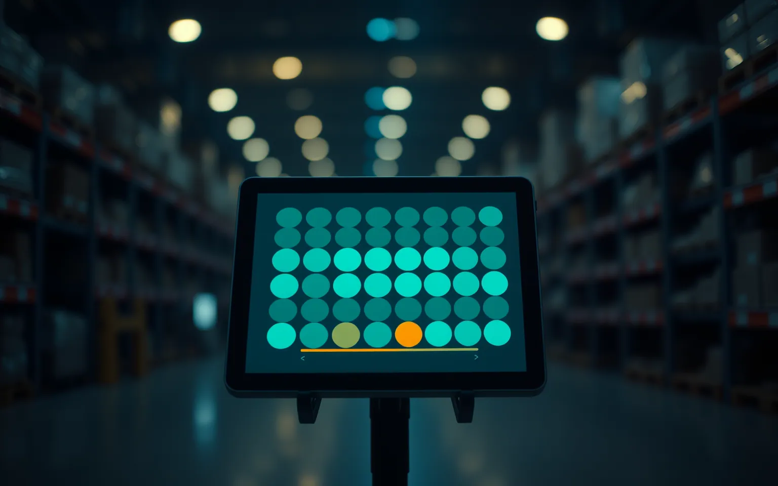 A tablet on a stand in a warehouse aisle showing an abstract stock-tile grid