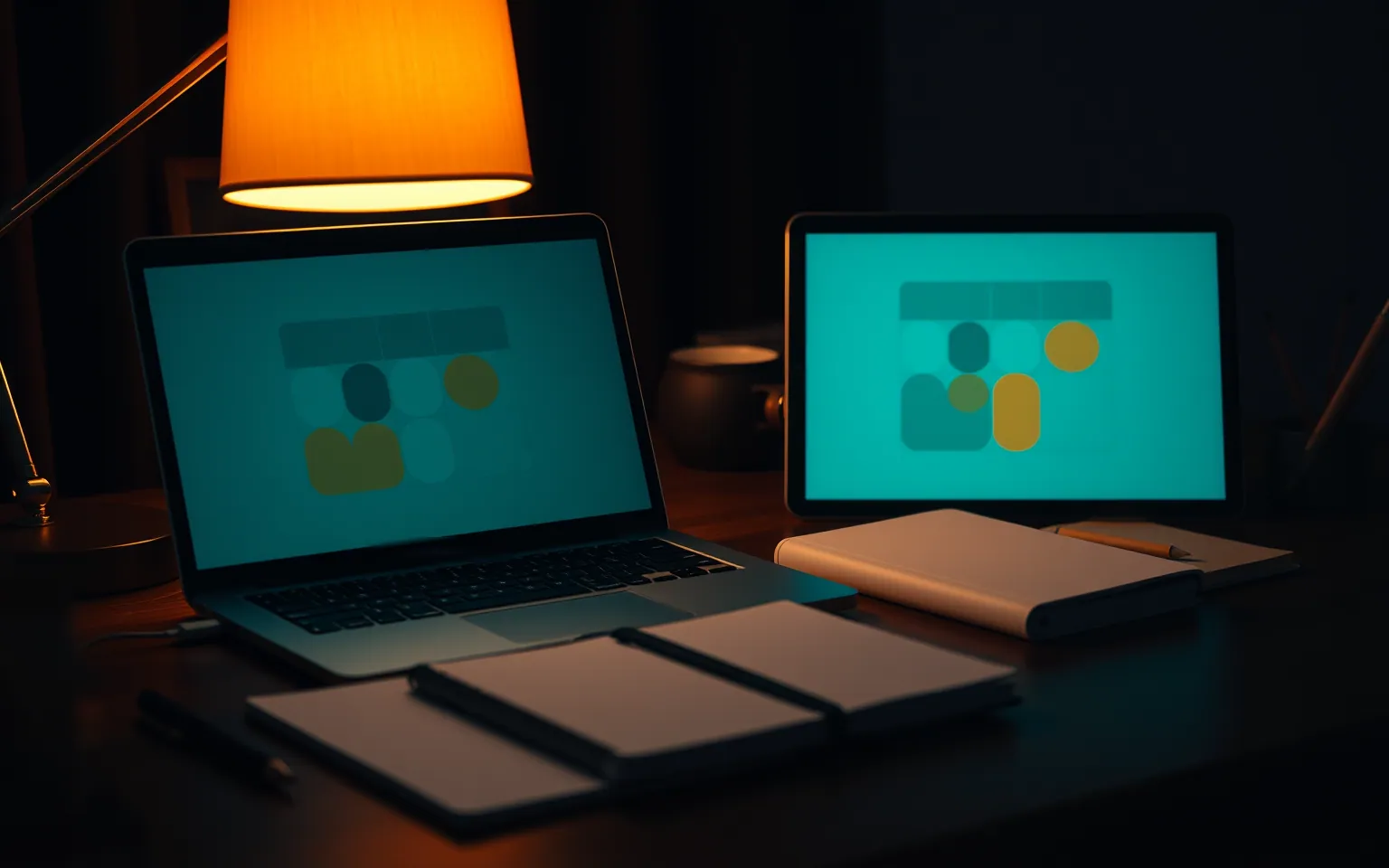 A laptop and a tablet on a lamp-lit desk showing an abstract timetable of colored blocks